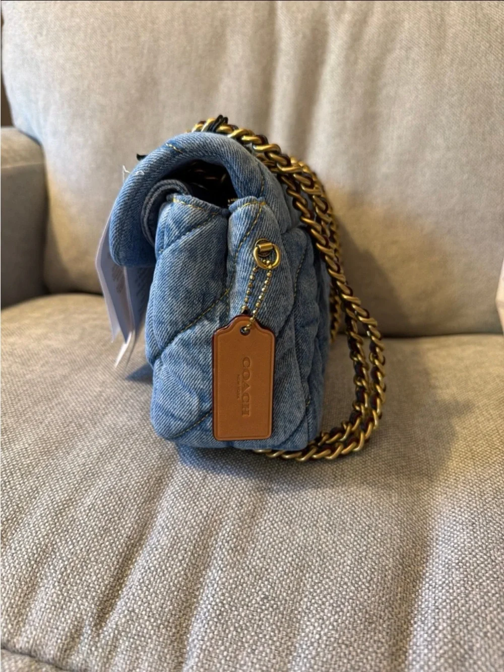 Coach Quilted Denim Shoulder Bag with Gold Chain - Light Blue 26 size